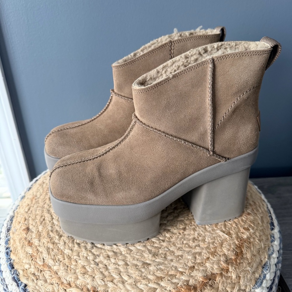 UGG Taupe Suede Platform Winter Boots with Faux Fur